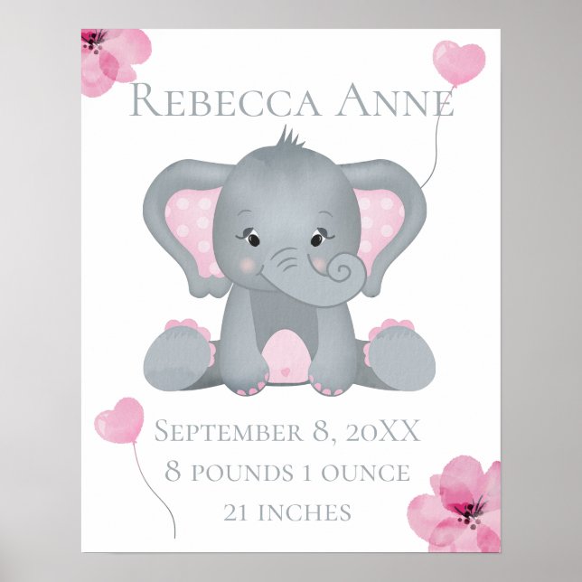 Póster Estadísticas de Nacimiento Personalizadas Elefante (Frente)