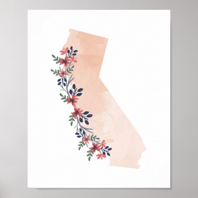 Póster Estado de acuarela floral de California (Frente)