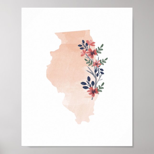 Póster Estado de acuarela floral de Illinois (Frente)