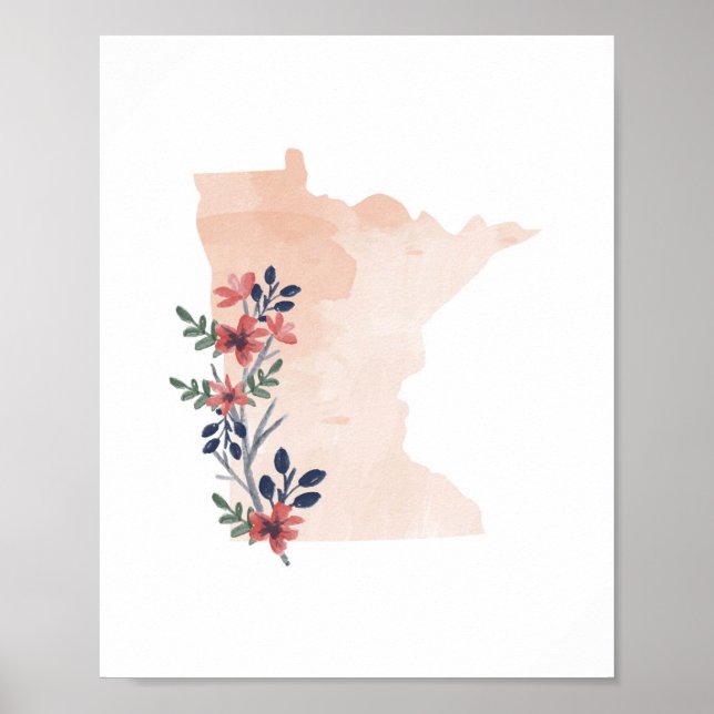Póster Estado de acuarela floral de Minnesota (Frente)