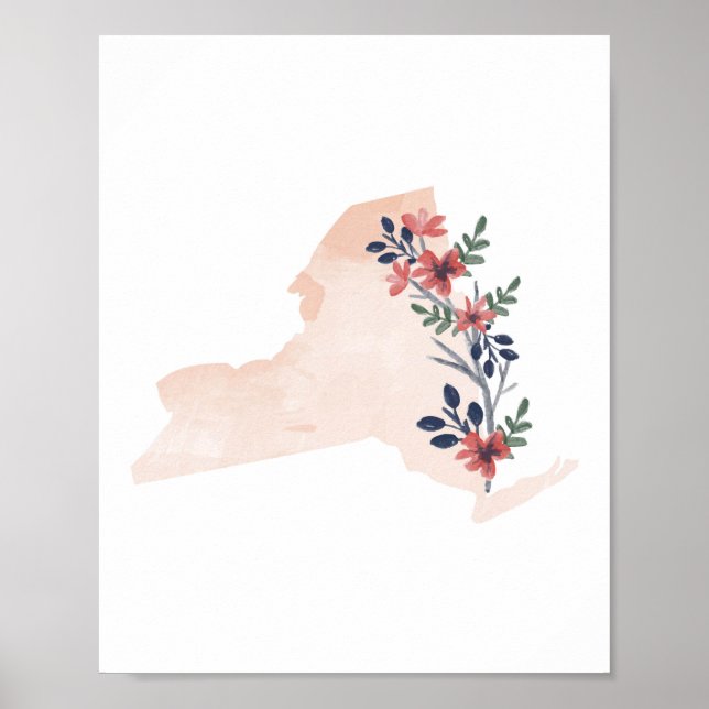 Póster Estado de acuarela floral de Nueva York (Frente)