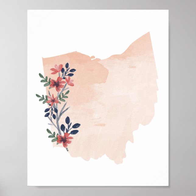 Póster Estado de acuarela floral de Ohio (Frente)
