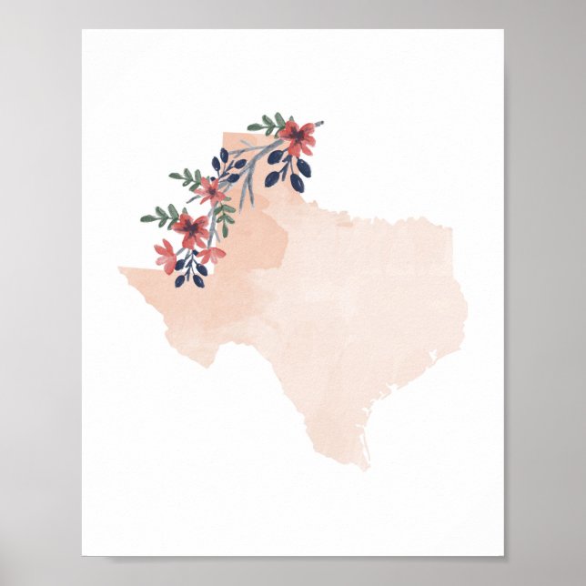Póster Estado de acuarela floral de Texas (Frente)