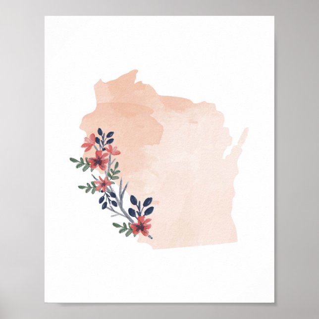 Póster Estado de acuarela floral de Wisconsin (Frente)