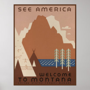 Póster Estado de Montana: Tribus Indias, Montañas, Prader