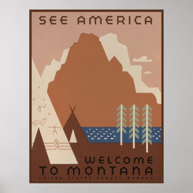 Póster Estado de Montana: tribus indias, montañas, prader (Frente)