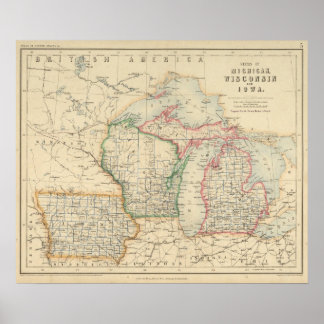 Póster Estados de Michigan, Wisconsin e Iowa