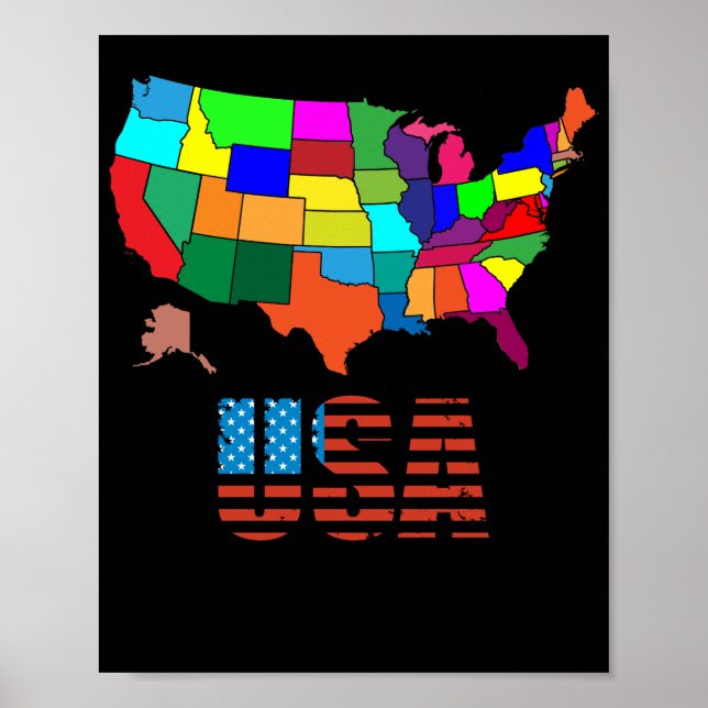 Póster Estados Unidos Mapa todos los estados coloridos de (Frente)