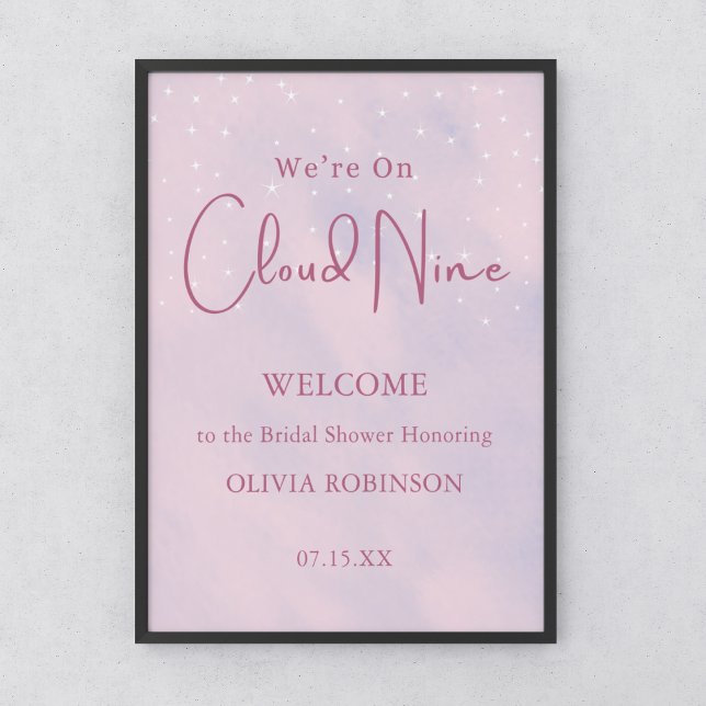 Póster Estamos en la bienvenida de Baby Shower de Nueve C (We're On Cloud Nine Pink Girl Baby Shower Welcome Sign )