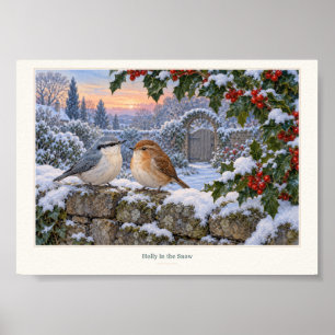 Póster Estampa artística de pájaros invernales con acebo