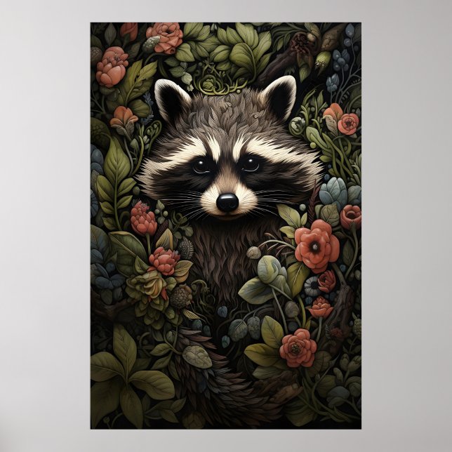 Póster Estampa botánica floral de mapache, pared de Dark  (Frente)