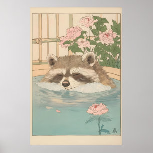 Póster Estampa de baño de mapache vintage japonés Ukiyo-e