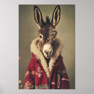 Póster Estampa de burro de Navidad, divertido animal con
