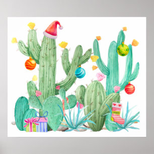 Póster Estampa de Cactus de Fiesta Navideña Suroeste del 