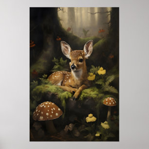 Póster Estampa de cervatillo, ciervo bebé en bosque verde