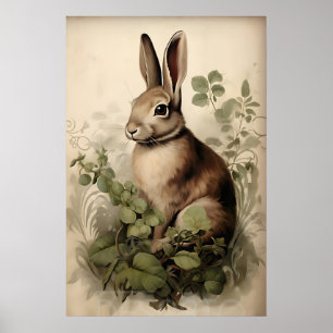Póster Estampa de conejo boho, liebre rústica Cottagecore
