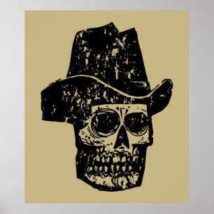Póster Estampa de cráneo de vaquero vintage con sombrero 