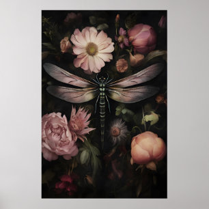 Póster Estampa de libélula de Dark Academia, Jardín flora