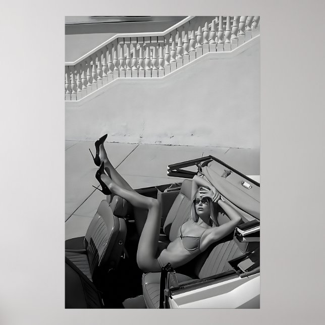 Póster Estampa de moda de coche clásico mujer en bikini,  (Frente)