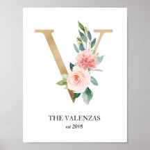 Estampa de monograma, letra V, obsequio de boda, c