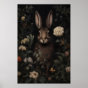 Póster Estampa floral de conejo liebre bosque sombrío, Os