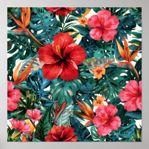 Póster Estampado de patrón de hojas de Monstera y Hibisco