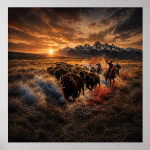 Póster Estampida de Búfalos del Oeste al Atardecer