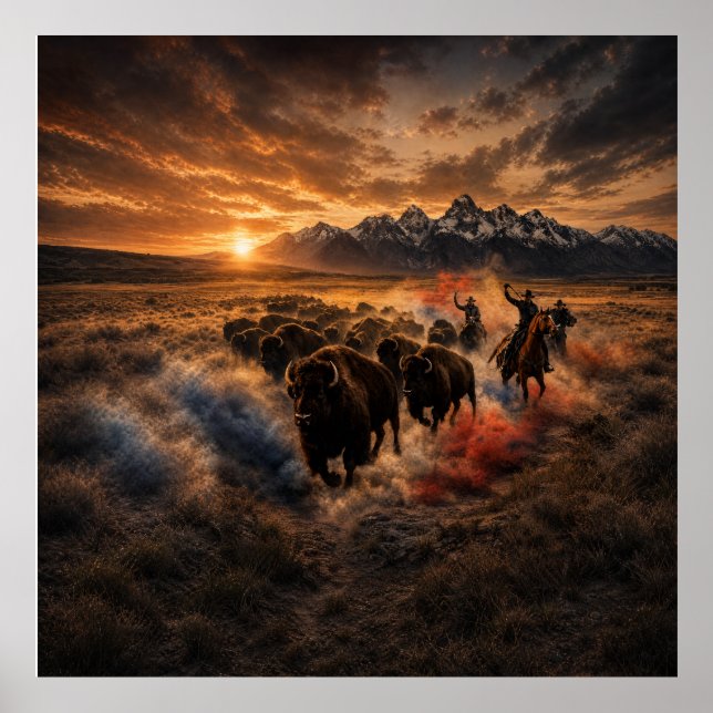Póster Estampida de Búfalos del Oeste al Atardecer (Frente)