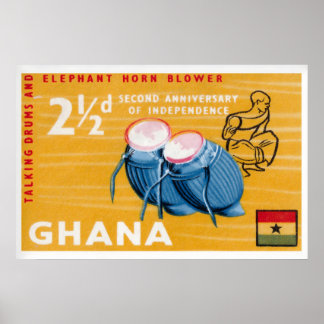 Póster Estampilla de Correos Vintage de Ghana con Tambore