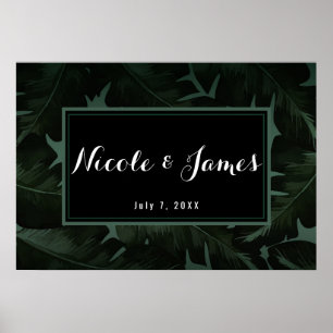Póster Estandarte de boda Hojas Tropicales Chic Verde y N