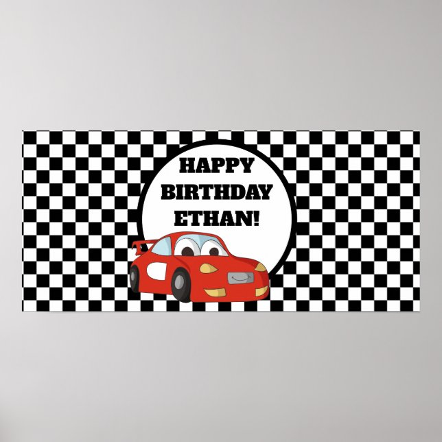 Póster Estandarte de Cumpleaños de Coche de Carreras Rojo (Frente)