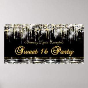 Póster Estandarte de Cumpleaños Sweet 16 de Oro Negro