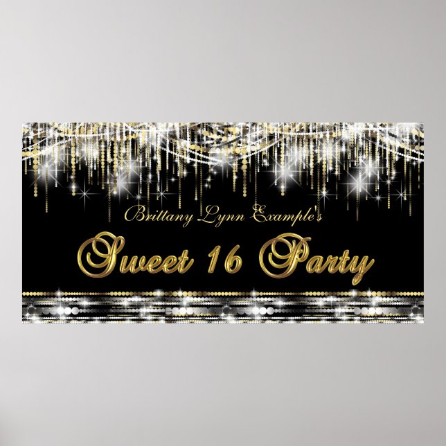 Póster Estandarte de Cumpleaños Sweet 16 de Oro Negro (Frente)