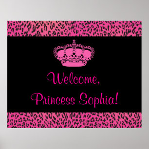 Póster Estandarte de fiesta de princesas de leopardo rosa