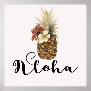 Póster Estandarte floral de piña tropical vintage y hibis