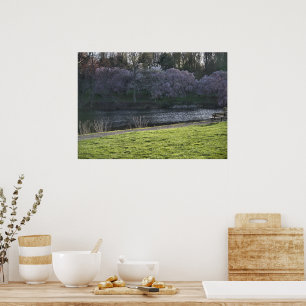 Póster Estanque de árboles con flores rosadas bonitas