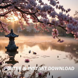 Póster Estanque de jardín japonés con árbol de flores de