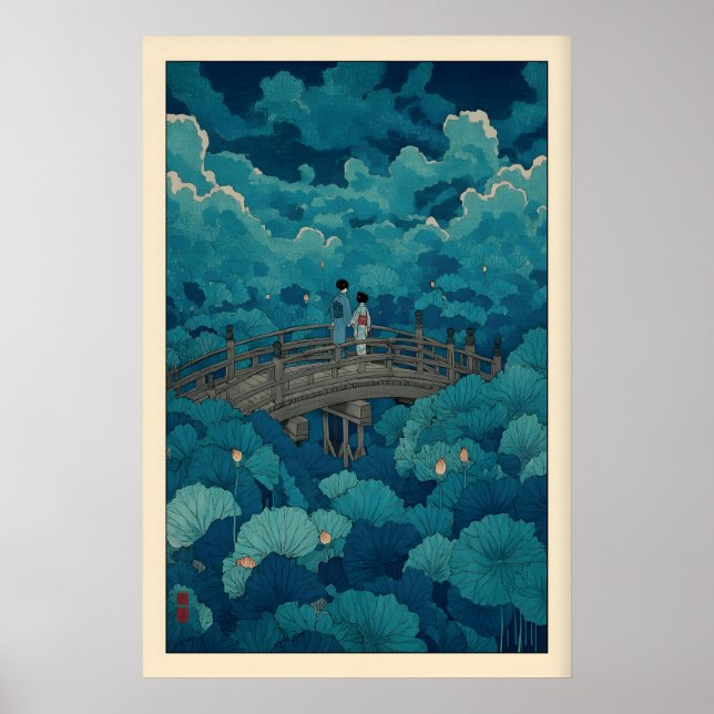 Póster Estanque de Loto de Kawase Hasui, Puente Arqueado (Frente)