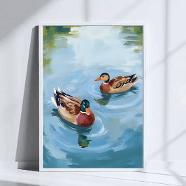 Póster Estanque de patos pintado con acuarela