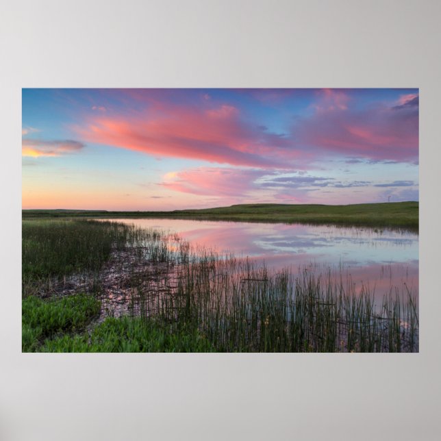 Póster Estanque de pradera refleja nubes brillantes del a (Frente)