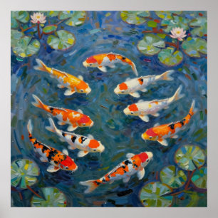 Póster Estanque Impresionista de Nenúfares con Peces Koi