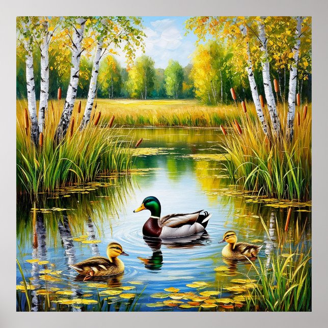 Póster Estanque pintoresco con patos nadando (Frente)