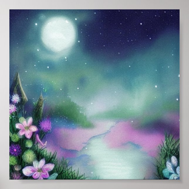 Póster Estanque suave de acuarela y luna (Frente)