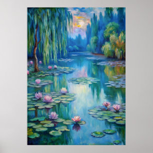 Póster Estanque tranquilo con lirios de agua en Dusk