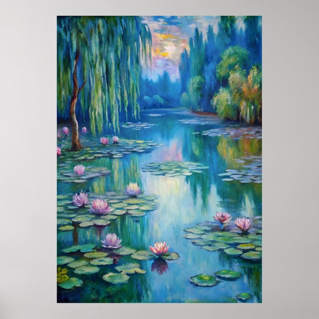 Póster Estanque tranquilo con lirios de agua en Dusk (Frente)