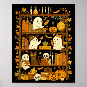 Póster Estante Retro Gato Negro Halloween Fantasma Lectur