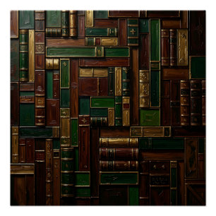 Póster Estantería de libros de biblioteca antigua verde d