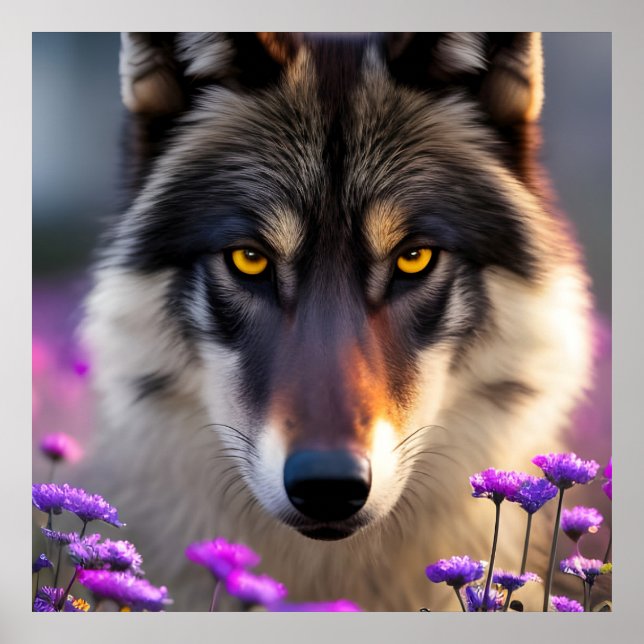 Póster Estare de lobo gris - flores rosadas y púrpuras (Frente)