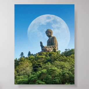 Póster Estatua de Buda con luna llena