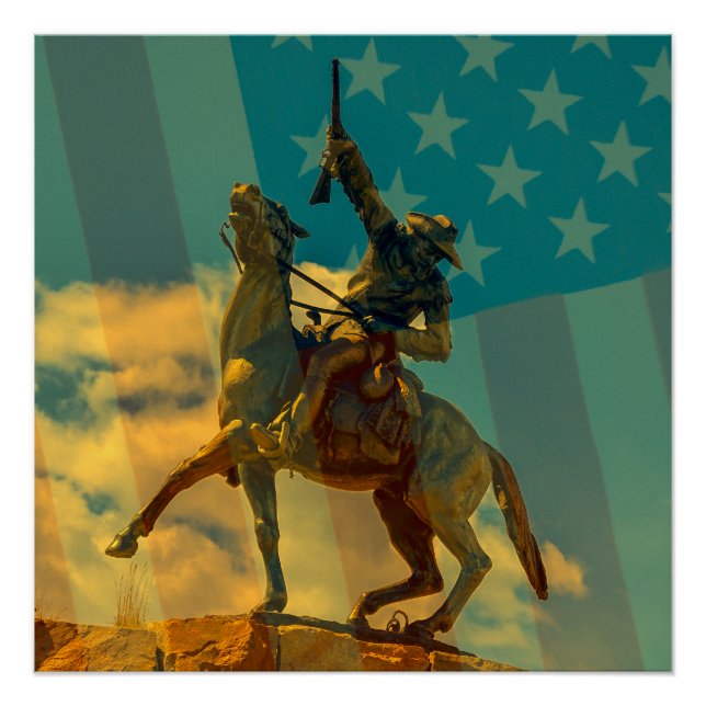 Póster Estatua de Buffalo Bill Cody, bandera de Wyoming y (Anverso)